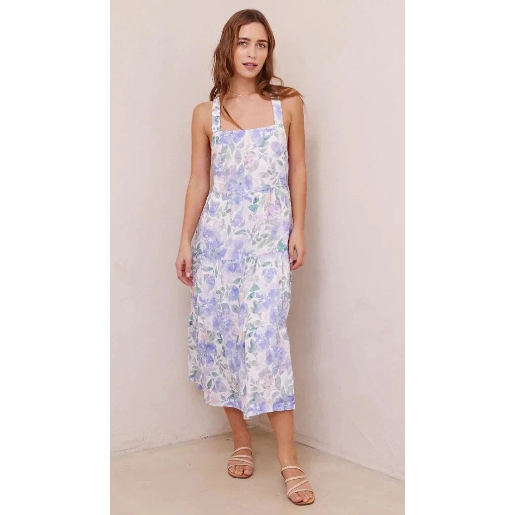 Bella Dahl Scrunch Strap Tiered Floral Midi Dress Linen Feminine Romantic Size M